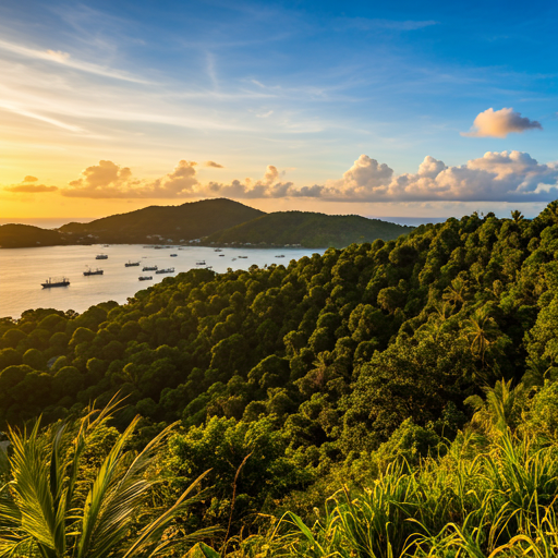 Lush tropical hills overlooking Ambon bay at sunrise