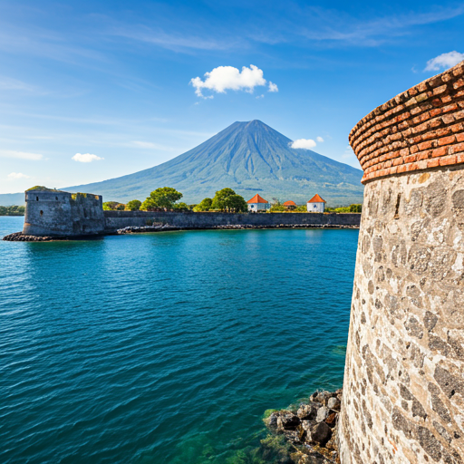 Ancient Dutch fort overlooking a turquoise volcanic lagoon in Banda Neira
