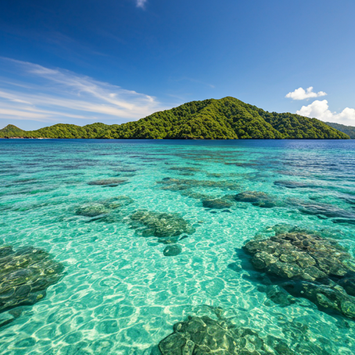 Crystal clear turquoise water of Maluku with lush green volcanic islands in the distance