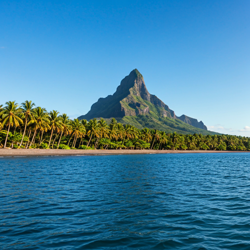 Mount Gamalama rising from the sea with lush coconut groves